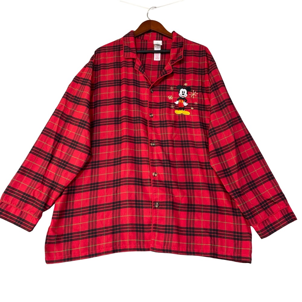 Disney Mens XL Red Plaid Mickey Mouse Pajama Top Polyester Button Down Shirt